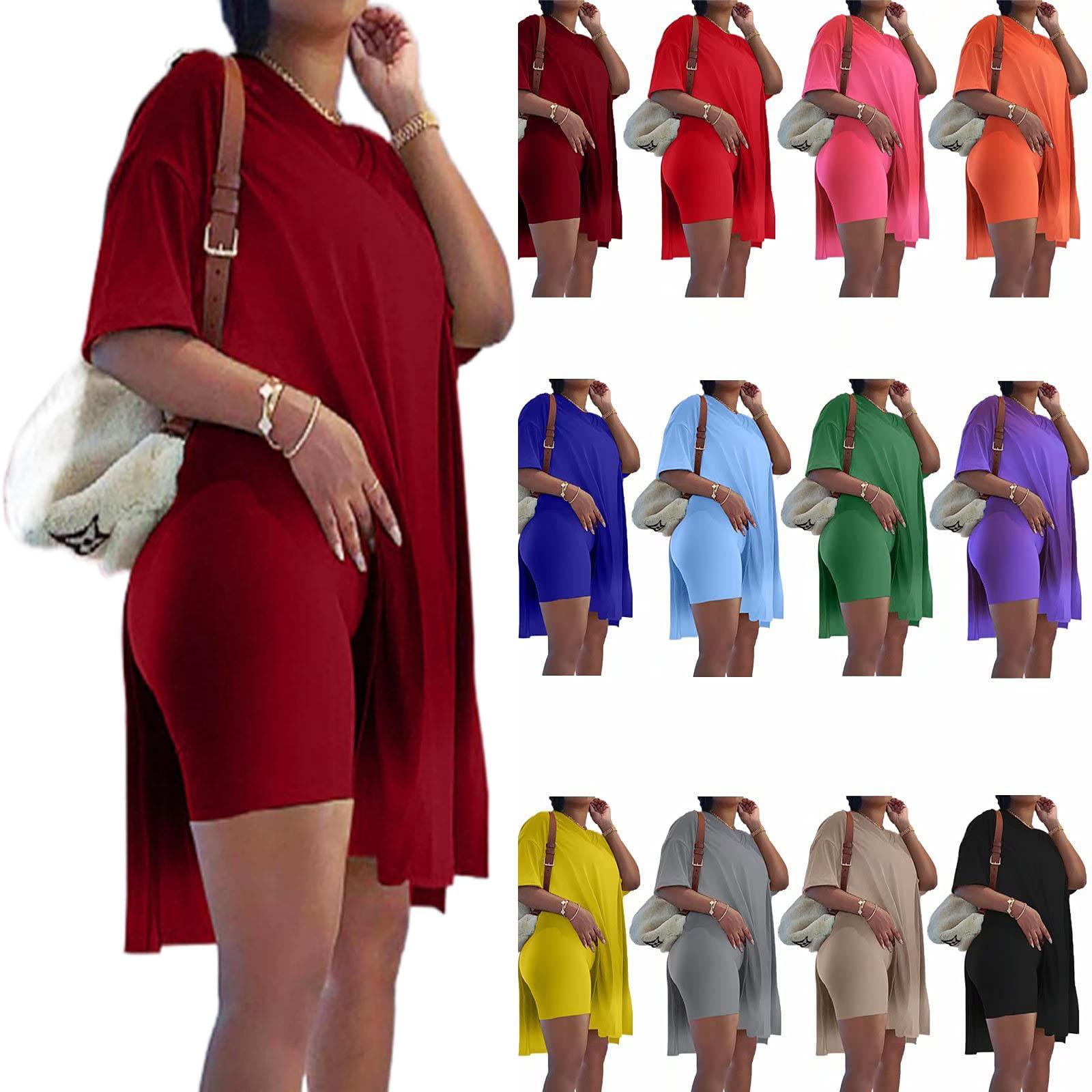 Difanlv Women's 2 Piece Outfits Short Sleeve Tunic Top & Bodycon Shorts, Breathable Loungewear for Outdoor Activities Tracksuit Soft Casual