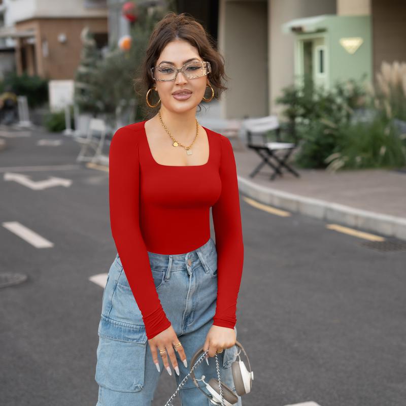 HYZ Women's 2 Piece Basic Long Sleeve Square Neck Workout High Stretchy Slim Fit Tunic Tops tunic tops high stretchy