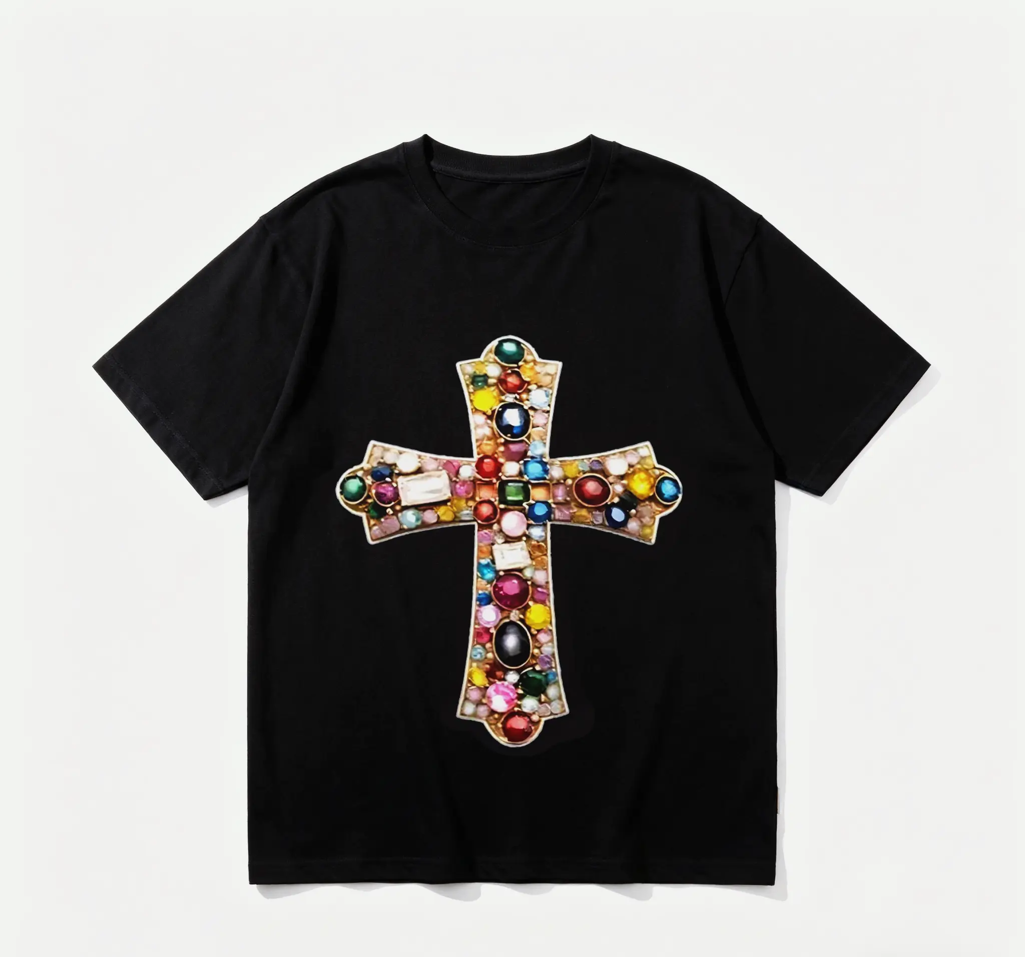 Women's Cotton Casual Short-Sleeve T-Shirt - Loose Fit Lady Top with Shiny Gem Cross Print, Colorful Beads & Crystal Design, Machine-Washable Fabric for Summer Leisure & Parties, Shortsleeve, Round Neck, Style, Tshirt