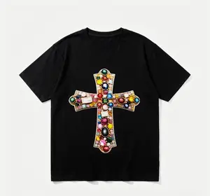 Women's Shiny Colorful Gem Cross Print T-Shirt: Cotton loose crewneck short sleeve with colorful beads and crystal design machine washable, suitable for summer leisure, parties and special occasions;