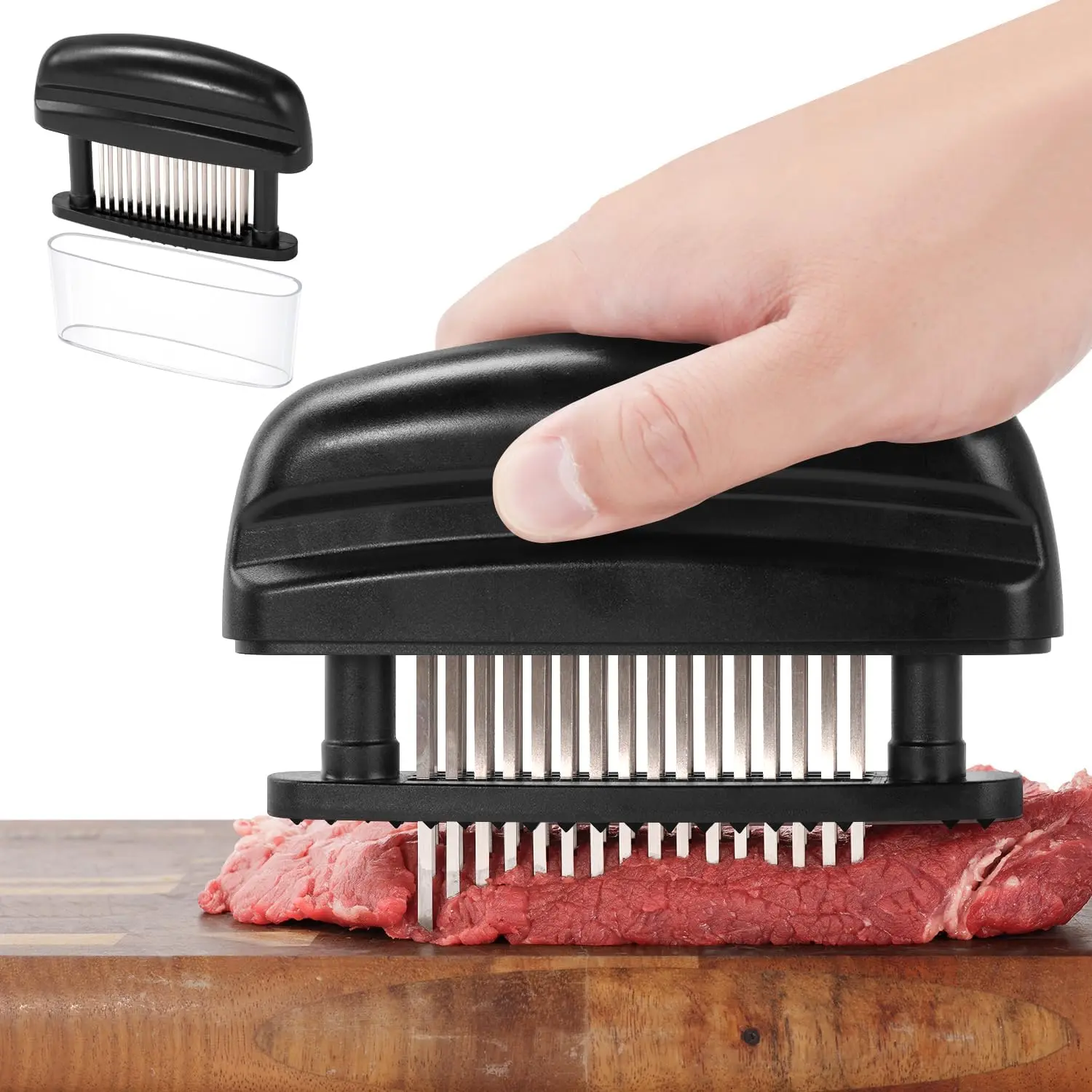KEOUKE Meat Needle Tenderizer Black - 48 Stainless Steel Sharp Needles with Protective Cover, Compact Tenderizer for Beef, Chicken & Steak, Dishwasher Safe, Meat Mallet Alternative hammer tiktokshopspringglowup summerwins, Cover Keeps Needles Secure In Dr