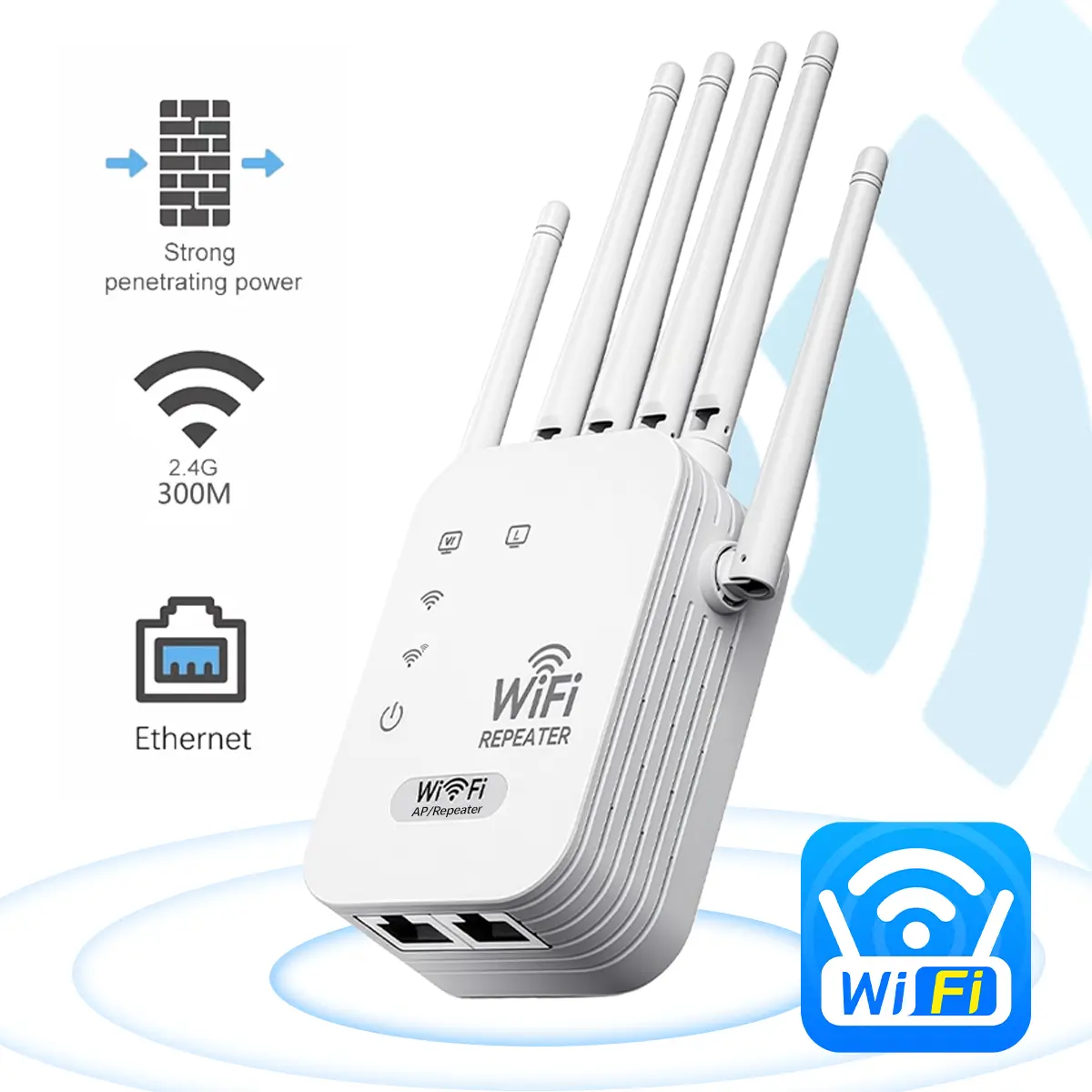 WiFi Extender 2.4GHz 300Mbps,Whole House Coverage,6-Antennas Strong Penetration Wireless Signal Repeater,Dua Modes Ethernet Port Signal Booster, Multi Device Support for Home Office Remote Work WiFi, Wifi Extenders Signal Booster For Home