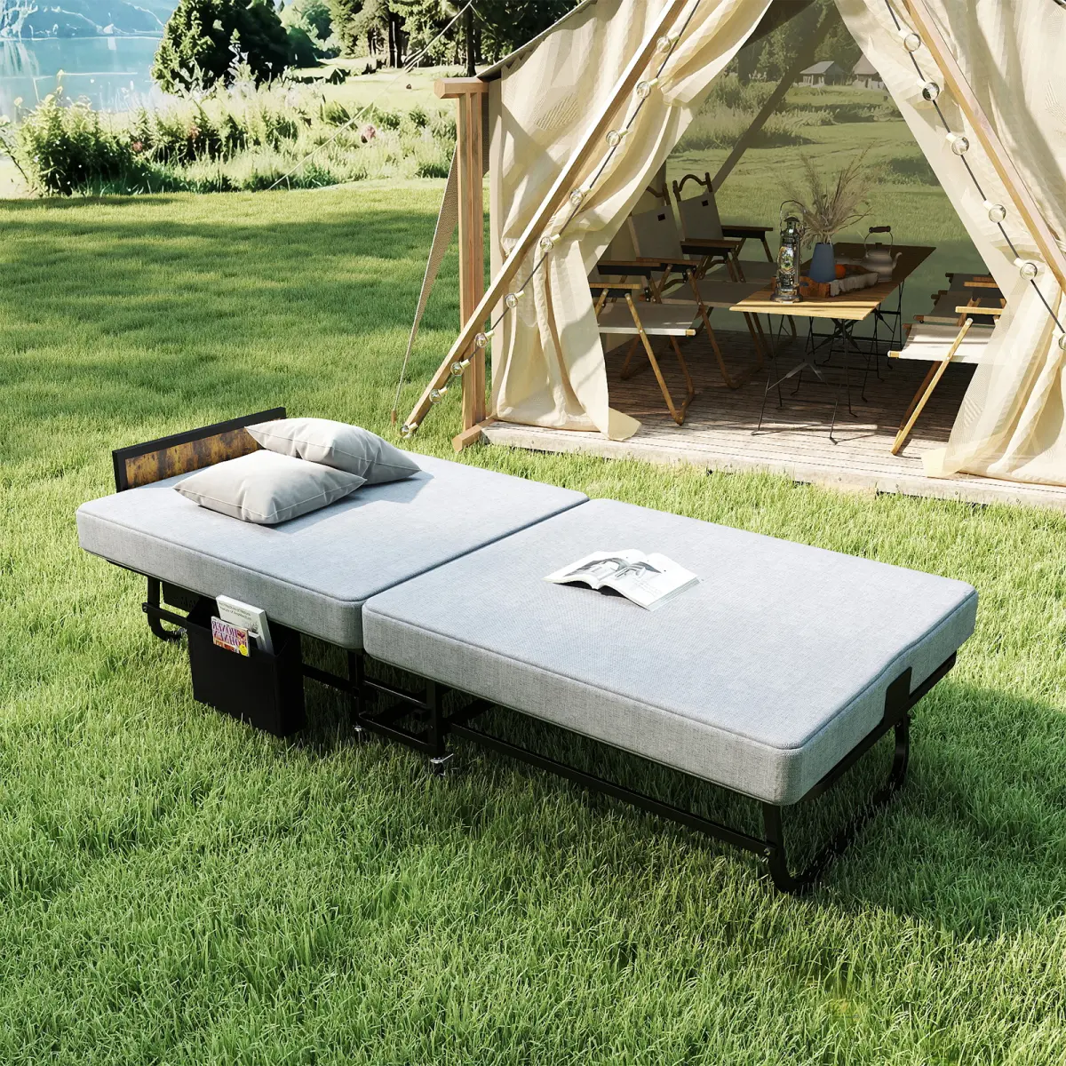Aobtkel 78"x31" Folding Camping Bed with Headboard, USB Charging Station, 3" Memory Foam Mattress, Storage Pocket, Heavy-Duty Frame, 4 Lockable Wheels, 450 lbs Capacity for Office & Apartment
