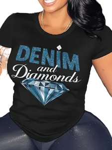 Diamond Queen Women's Spring Summer T-shirt Denim Diamond Print Short Sleeve Crew Neck Fitted Black Everyday Wear 100% Cotton Comfortable Casual Tops Fabric Womenswear Elegant Tshirt Streetwear Crewneck Shortsleeve