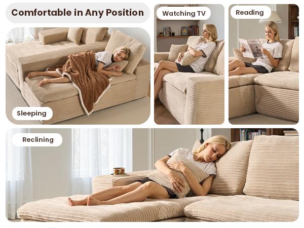 【Stock Up Sale】Ovios 106" Double Layer Cloud Modular Couch with Chaise, Plush Corduroy, No Assembly Required - L-Shaped Sectional Sofa Set with Flexible Configuration - 106"W x 69"D x 36"H, 3 Seater