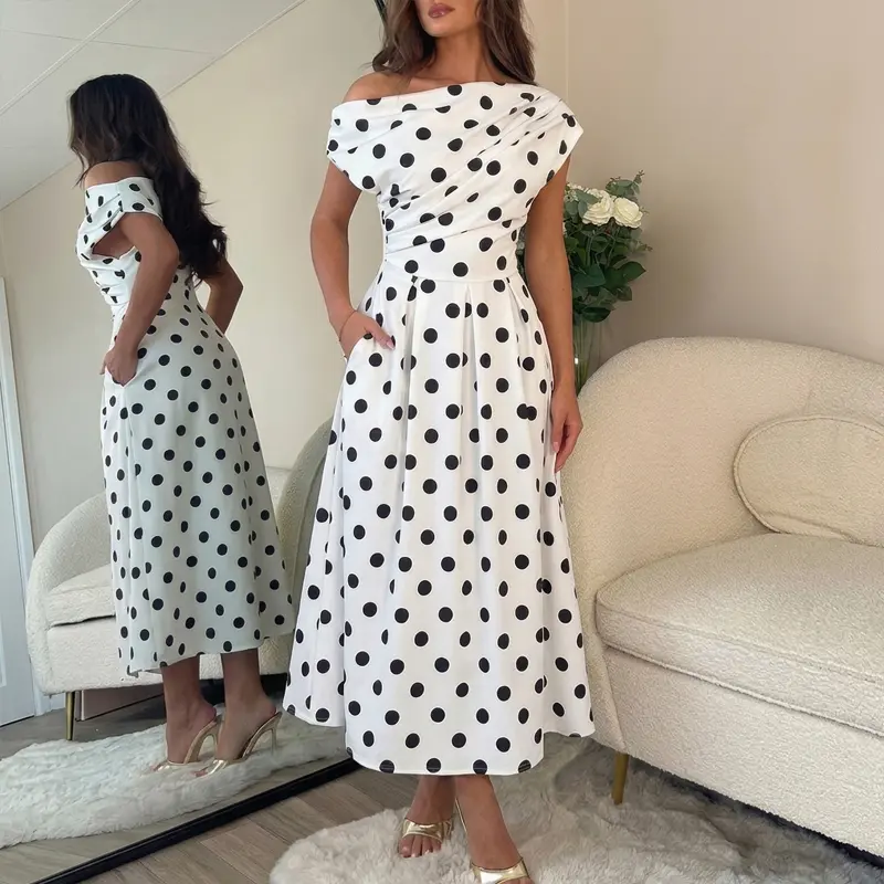 CHICME Women's Skew Neck Polka Dot Maxi Dress Ruched A-Line Swing Dress Elegant Party Cocktail Dress with Pockets