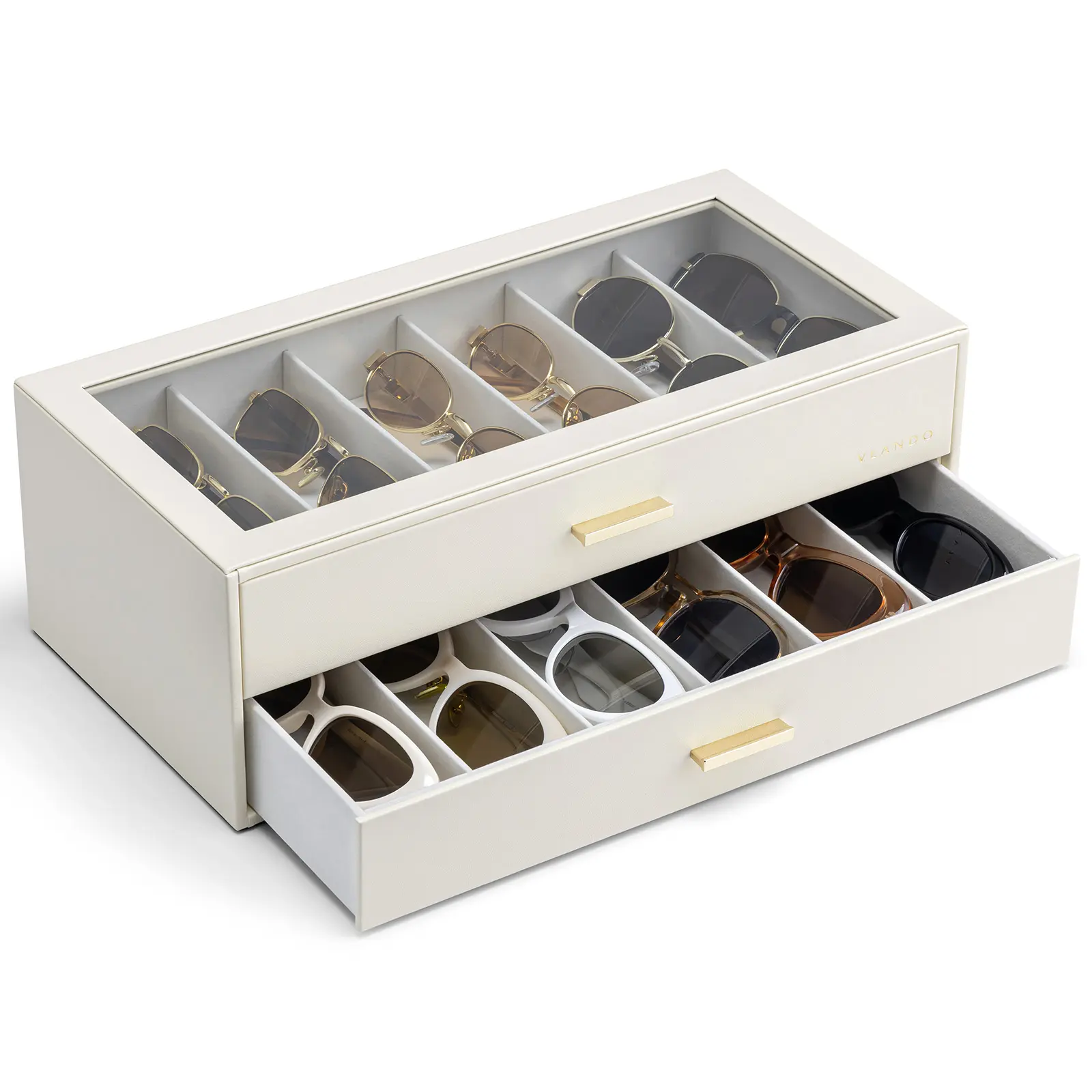 VLANDO 12-Grid Sunglasses Organizer Case, 12-Slot Eyeglass Storage Box with Clear Lid and 2 Drawers, PU Leather Glasses Holder for Women and Men, bedroom  organizer summerwins,dorm essentials,home decor,dorm room inspo,college dorm essentials,dorm haul