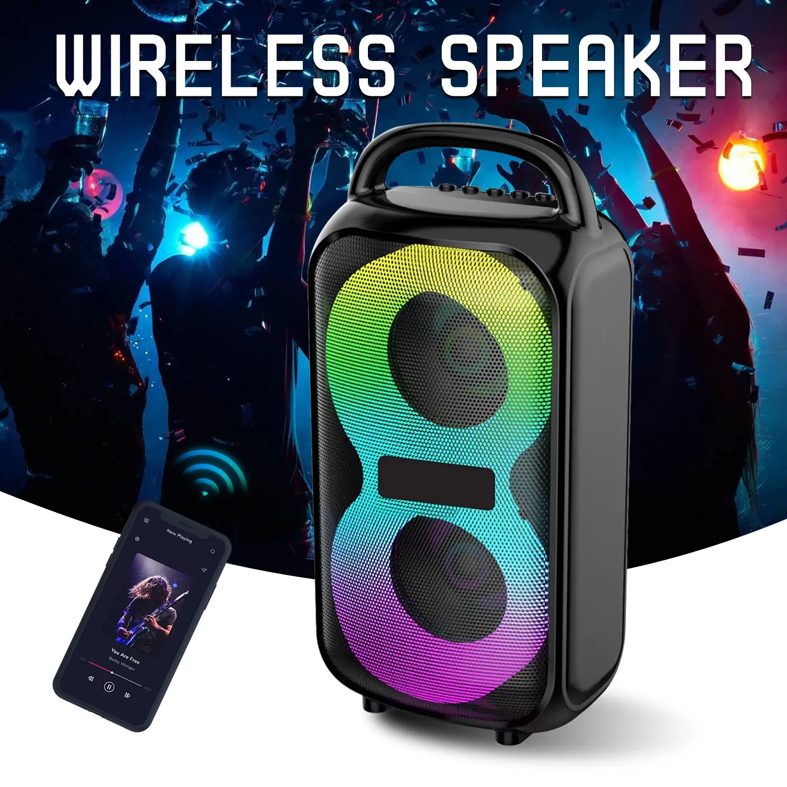Dazone Portable Bluetooth Boombox Speaker with RGB LED Lights, 3" Woofer, Rechargeable Battery, FM Radio, USB/SD Card/MP3 Playback, Loud Stereo Sound for Travel, Parties, Cable, Charging Cable, Batteries, Devices