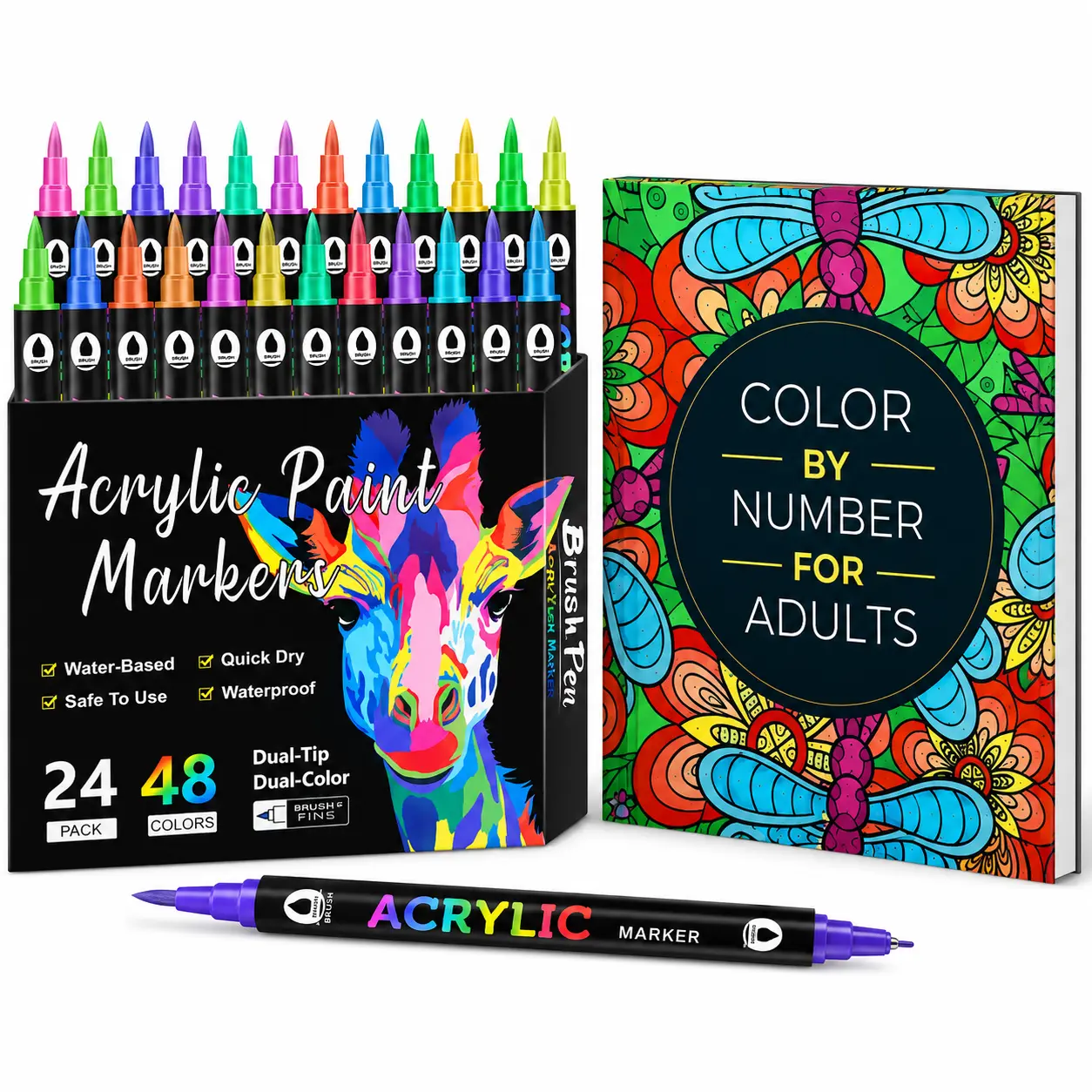 Color by Number for Adults Arts & Crafts Pen and Coloring Book Set - 48-Marker Set, Flowers, Animals, Mandalas, Nature & Landscape Designs