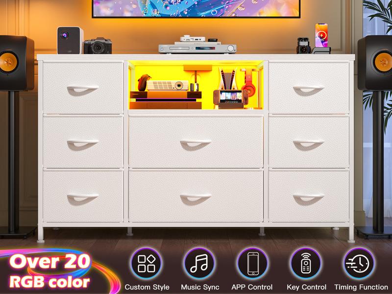 RaybeeFurniture TV Stand with Power Outlet Entertainment Center with 8 Fabric Deep Drawers Media Console Table for 55" TV Wide Storage Drawer Dresser for Bedroom, Living Room, Entryway