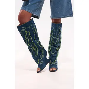 AZALEA WANG VIANCA GREEN MULTI DENIM WEDGE BOOT