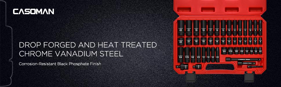 CASOMAN 49-Piece 3/8" Drive Impact Socket Set SAE/Metric 6 Point CR-V Steel Includes Extension Bar Adapter & Universal Joint Tool