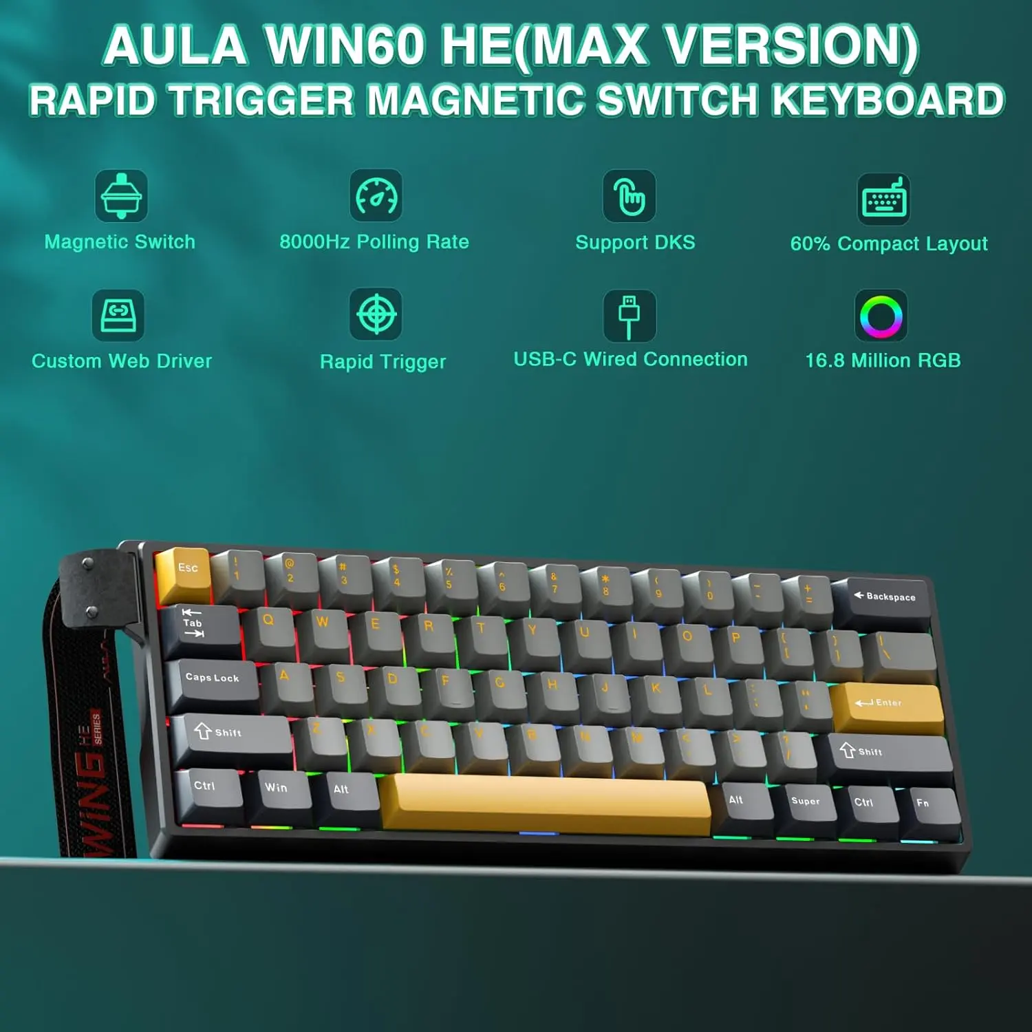 Aula WIN60 HE MAX 60% Compact Wired Mechanical Gaming Custom Keyboard - Hall Effect Magnetic Hot Swappable Switches, Adjustable Actuation RT Mode, 8000 Hz Polling Rate, RGB Backlight Keycap for PC