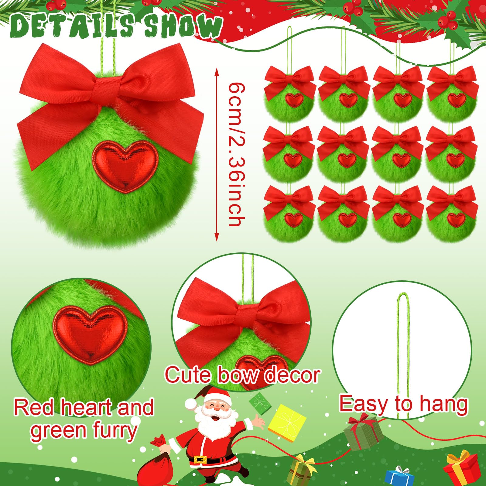 Christmas Clearance Sale Christmas Ornaments 12 Pcs Lime Green Furry Christmas Balls with Bows or Red Heart Cute Green Monster Christmas Decorations Hanging Ornaments for Xmas Tree Holiday Party Home Wall Christmas Decor Christmas White Elephant Gifts
