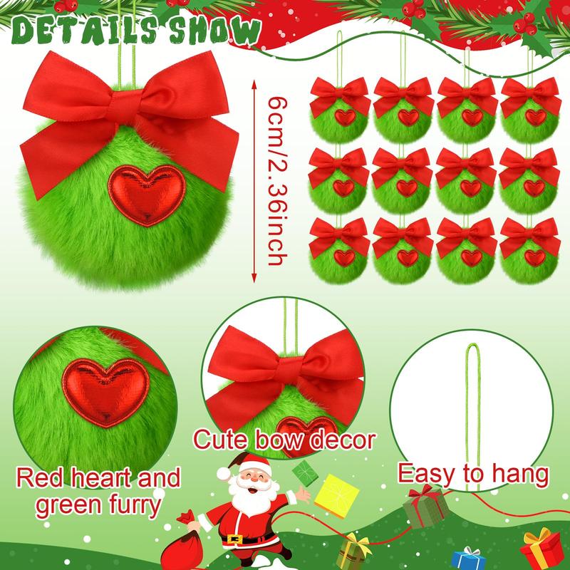 Christmas Clearance Sale Christmas Ornaments 12 Pcs Lime Green Furry Christmas Balls with Bows or Red Heart Cute Green Monster Christmas Decorations Hanging Ornaments for Xmas Tree Holiday Party Home Wall Christmas Decor Christmas White Elephant Gifts