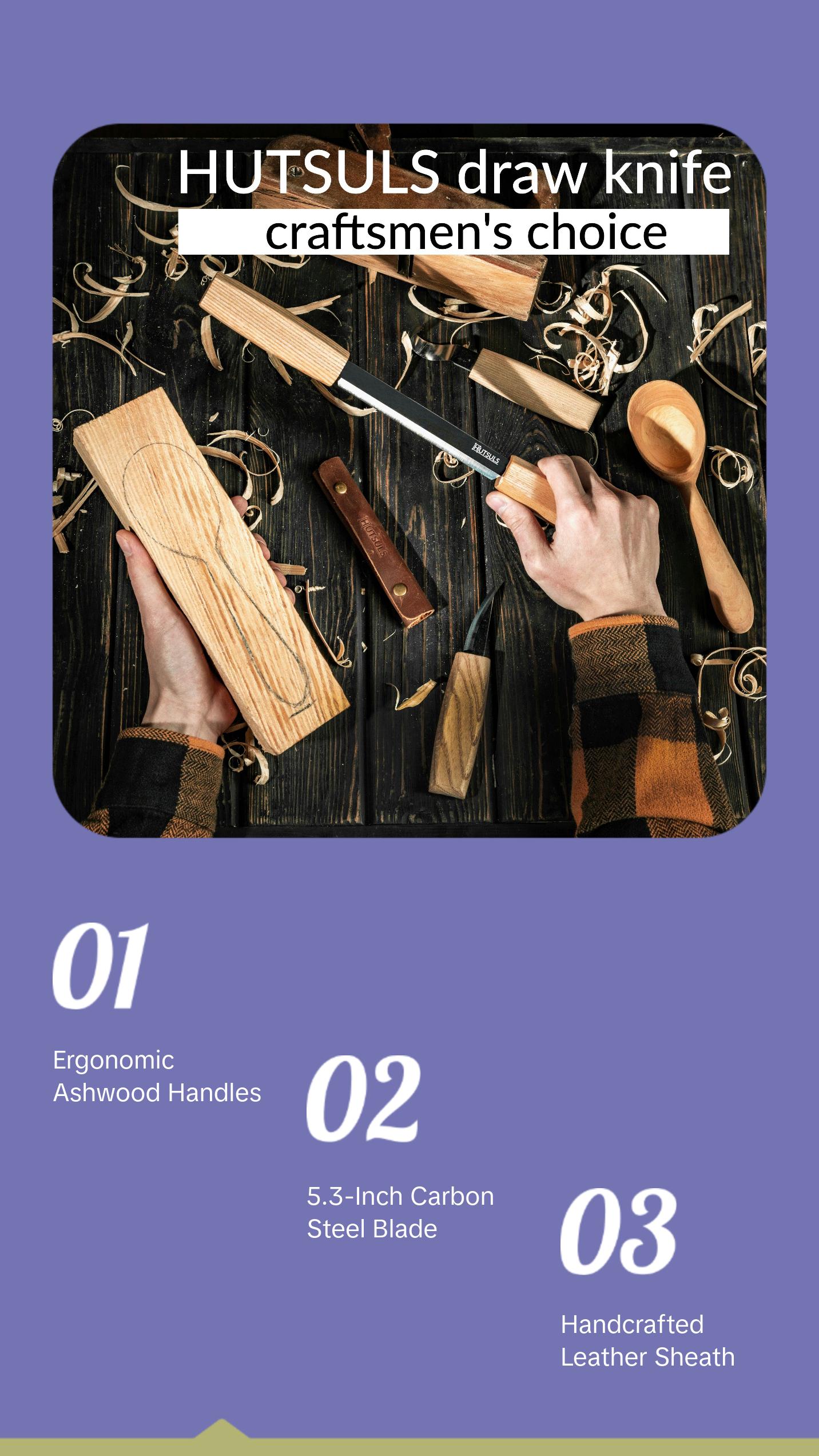 Hutsuls Draw Knife Woodworking Tool - Sharp & Ready 5.3 inch Debarking Knife with Leather Sheath, Easy to Use Straight Handles Draw Knife Debarking Tool, Great to Your Bushcraft Tools Collection