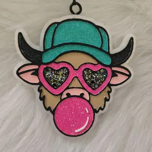 Highland Cow Car Freshie with Trucker Hat Bubble and Heart glasses