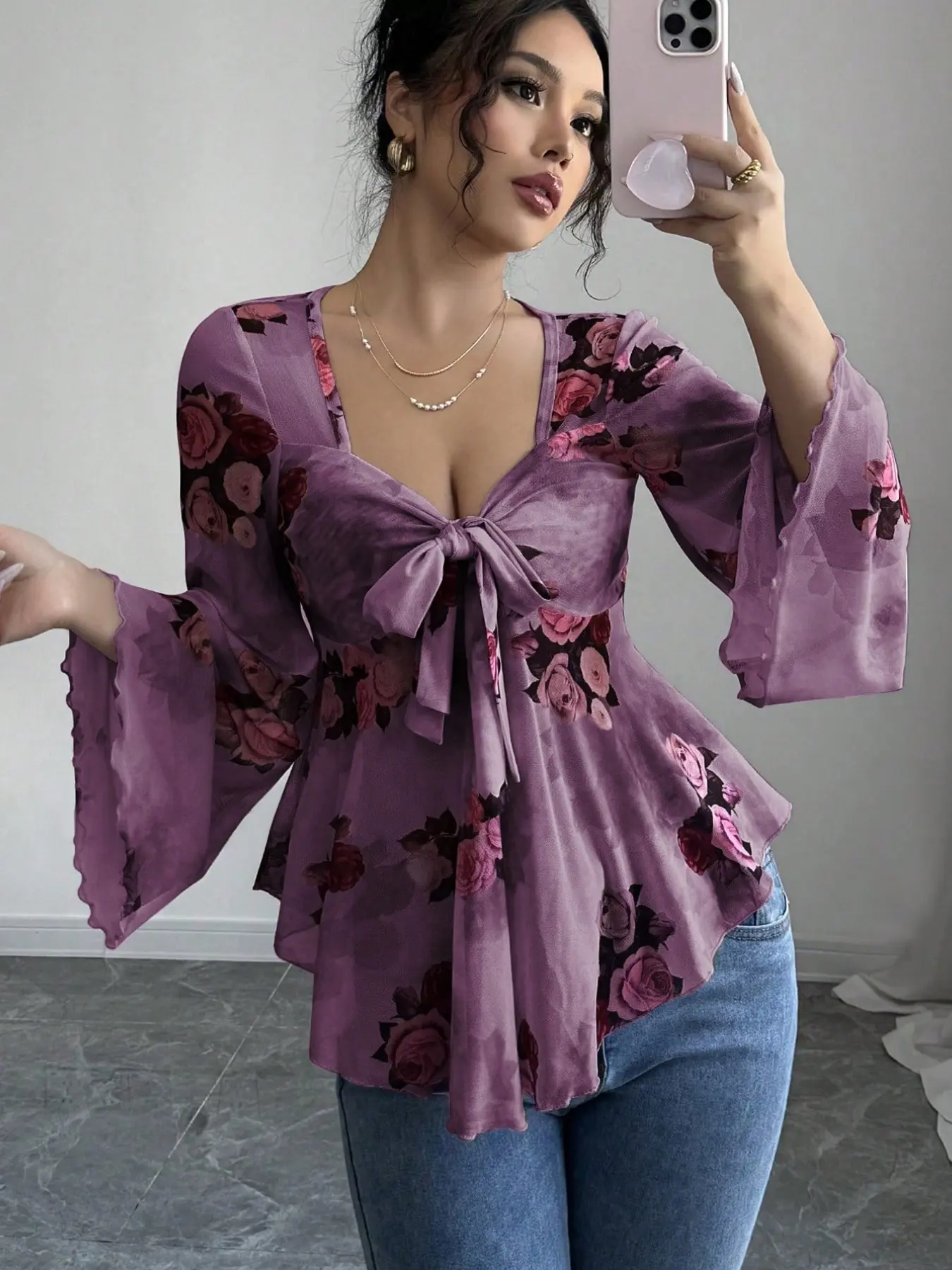 Romantic Lavender Floral Mesh Lightweight Women Boho Tie Elegant Fitted Top | Aesthetic Rose Print Tie-Front Blouse Shirts with Boho Flounce Sleeve Long Sleeve Flare Bell Sleeves Elegance