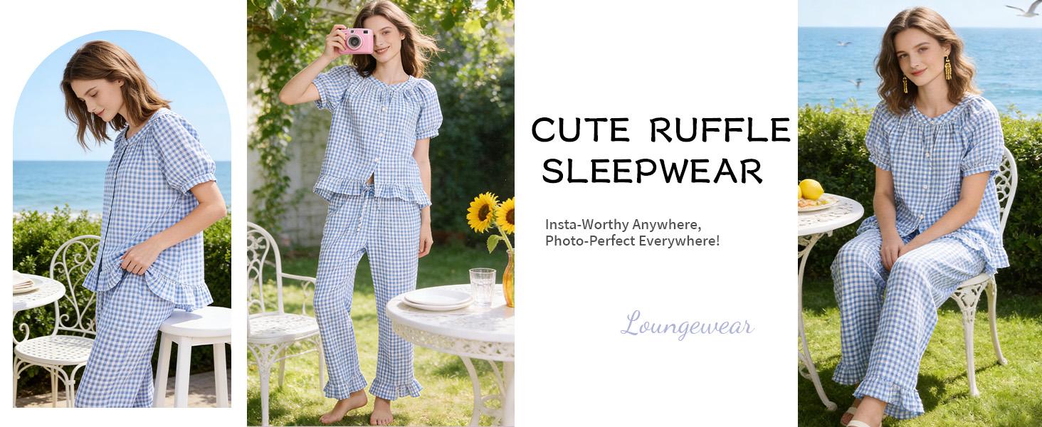 YeeZaa Gingham Pajamas Set 2 Piece for Women Plaid Sets Pjs Vintage Y2K 100% Cotton Clothes Button Down Babydoll Top with Puff Sleeves & Matching Ruffle Pants Cute Loungewear Loungewear Pjs Sleepwear Nightwear Homewear Comfort Outfit SpringStatements YeeZaa Gingham Pajamas Set 2 Piece for Women Plaid Sets Pjs Vintage Y2K 100% Cotton Clothes Button Down Babydoll Top with Puff Sleeves & Matching Ruffle Pants Cute Loungewear Loungewear Pjs Sleepwear Nightwear Homewear Comfort Outfit SpringStatements