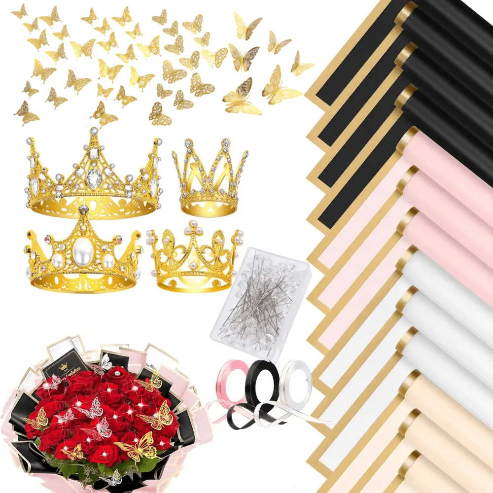 195PCS Dog & Cat Hair Accessories Craft Supplies Set - Bouquet Packaging, Trendy Colors, Butterfly Decorations, Crown Ribbons, Bouquet Needles for Pet Hair Styling