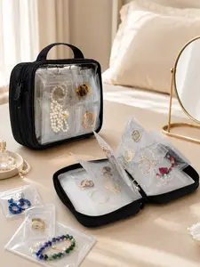 Travel Jewelry Organizer Case, TransparentJewelry Storage Binder Bag for Earrings, Rings,Necklaces, and Bracelets, Black vanity
