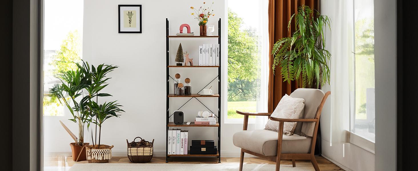 【Deal】Sweet Furniture 5 Tier Bookshelf: Modern Industrial Corner Storage Organizer for Bedroom, Home Office-Tall Bookcase for Books, Garage Kit, CDs, Movies