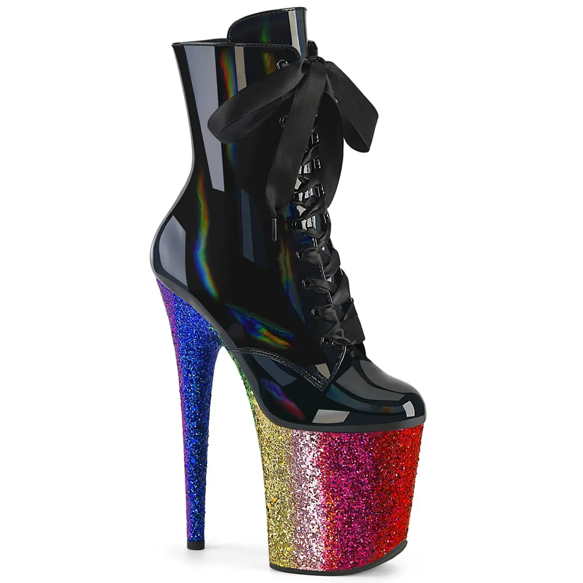 Women's Black Holographic Patent Platform Ankle Boots - 8" High Heel, Lace-Up, Zip Closure, Rainbow Glitter, Glitter Sole, Statement Shoes for Parties (Over 8cm Heel)
