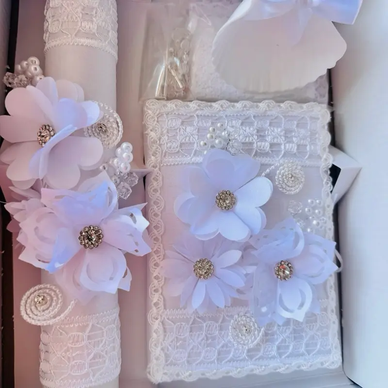Traditional Baptism Candle Set - 8in Candle, Rosary Beads, New Testament, Decorative Elements in Themed Gift Box, Religious Gifts, Child Ceremony Decor for Boys & Girls (English, Spanish, White), Gift Boxed