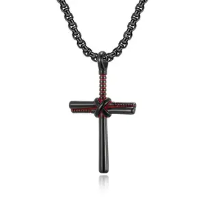 Baseball Bat Cross Pendant Necklace for Men Women Black/Gold/Silver Cross Necklace With 22"+2" Stainless Steel Chain Christian Gifts