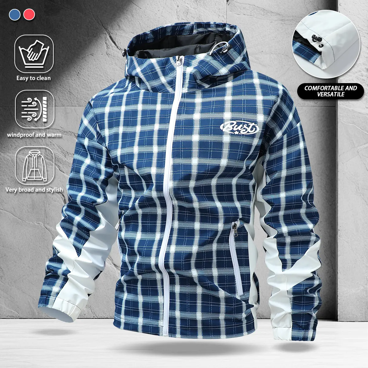 Men’s blue plaid color-block hooded jacket with letter print, loose windproof men’s outdoor jacket with drawstring hood and zippered pockets, casual windbreaker jacket