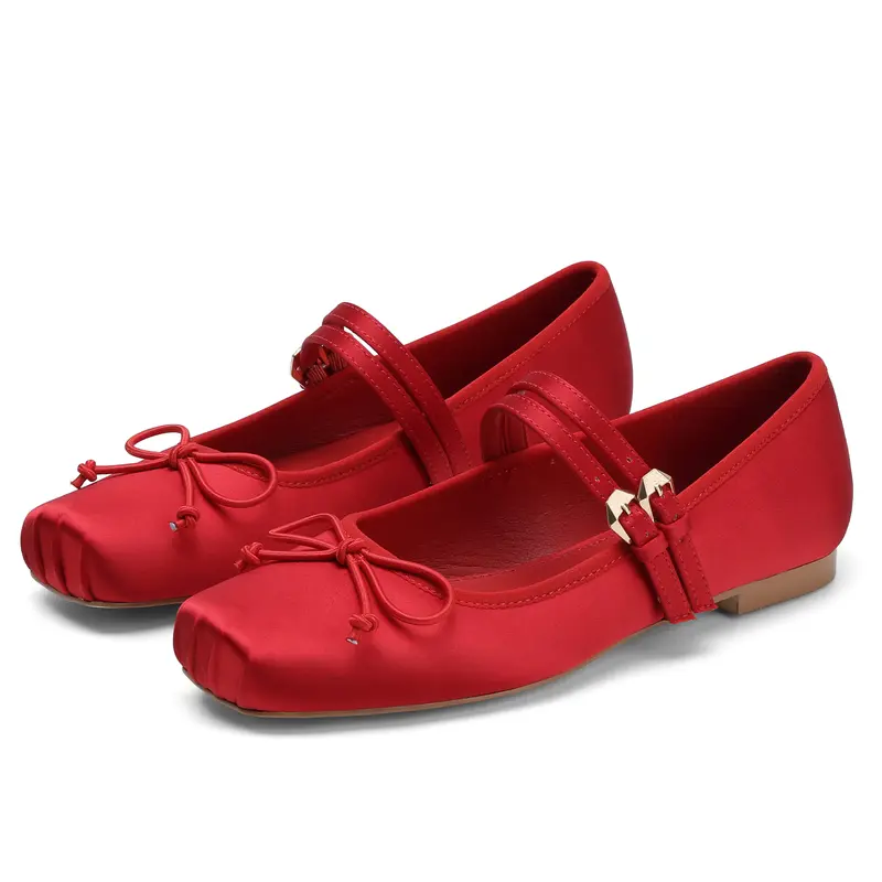 FEMFLAME Women's Mary Janes Dressy Flats - 1cm Bow Accent, Square Toe, Double Strap with Gold Buckle, Sleek Glossy Solid Satin, Comfortable Slip-On Walking Shoes for Parties, Special Occasions (Black, Red)