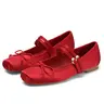 FEMFLAME Women's Mary Janes Dressy Flats - 1cm Bow Accent, Square Toe, Double Strap with Gold Buckle, Sleek Glossy Solid Satin, Comfortable Slip-On Walking Shoes for Parties, Special Occasions (Black, Red)