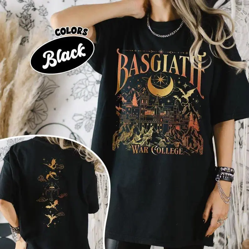 Women's Cotton Printed Short-Sleeve Streetwear T-Shirt - Basgiath War College 2-Sided Dragon Rider Top, Fourth Wing Riders Quadrant Bookish Merch Gift