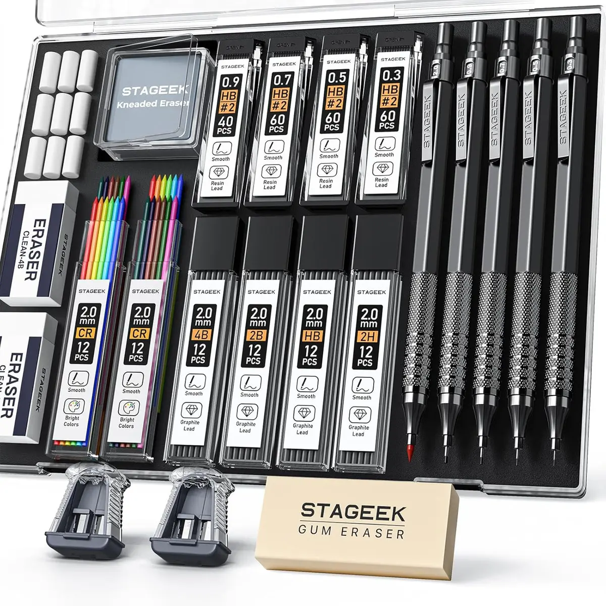 STAGEEK 21PCS Metal Body Mechanical Pencils Set - Multi-Tip Art Pencils (0.3/0.5/0.7/0.9/2mm Holders, HB/2H/2B/4B Colorful Leads) with 10 Tubes Graphite Refills, Eraser, Case for Drafting Drawing Tools, Multi-Tip Set
