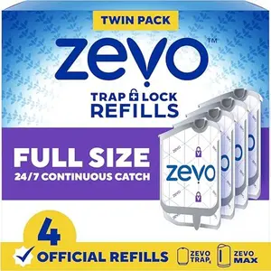 Zevo Flying Insect Trap Official Refill Cartridges - Fits Both Zevo Trap & MAX Indoor Fly Trap - Authentic Trap+Lock Technology to Catch Gnats, House & Fruit Flies (4 Official Refill Cartridges)