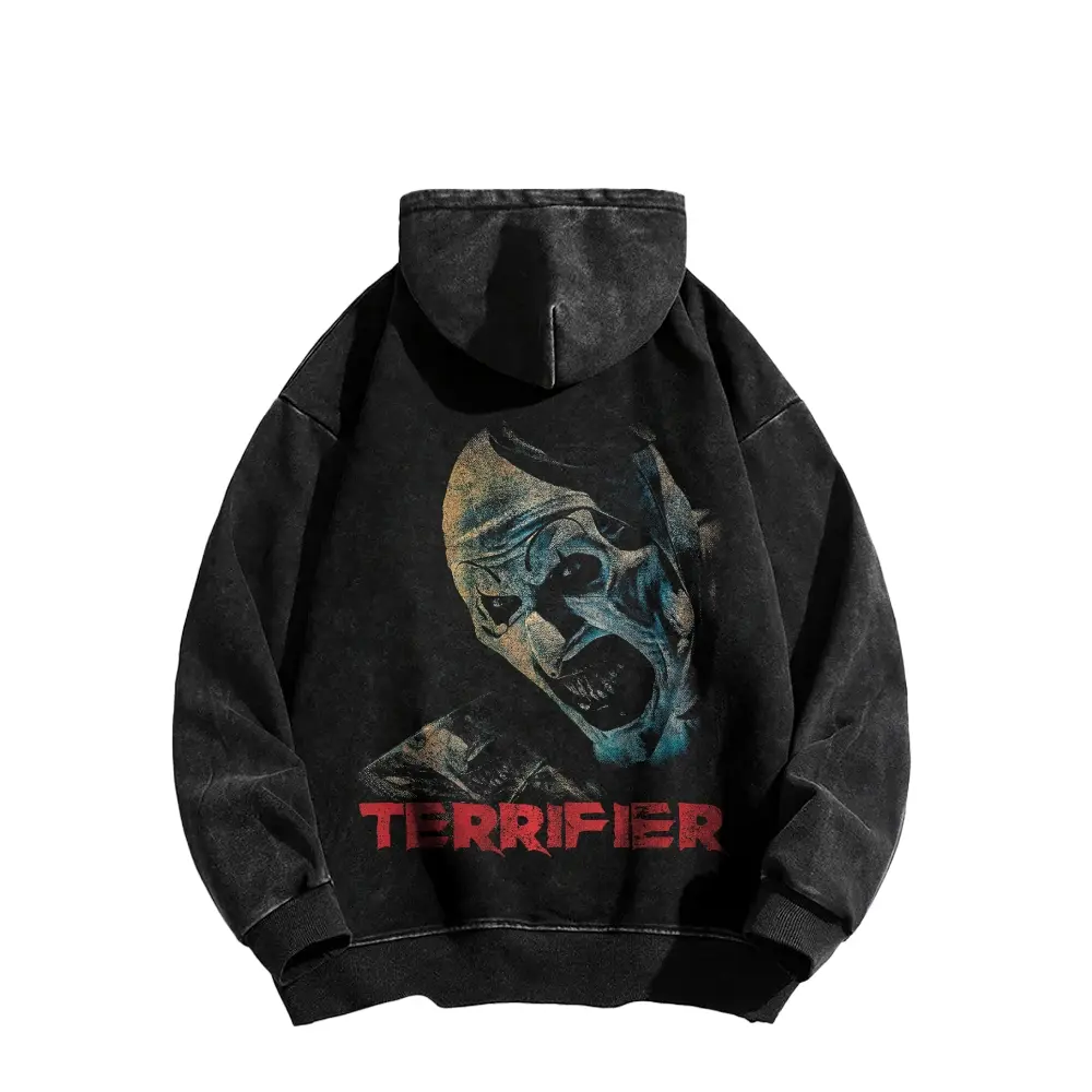 Terrifier Art Acid wash hoodie- Horror Clown | Heavyweight Retro Vintage fashion| Relaxed Fit,Tuff fit