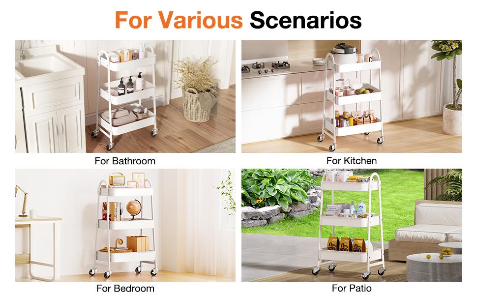 3 Tier Small Rolling Cart,Metal Utility Storage Organizer Mobile Shelving Unit with Caster Wheels for Snack Bedside Narrow Places