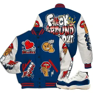 Retro Rare Air 11s Varsity Jacket FK Around Find Out All Over Print High-Grade Polyester Custom Baseball Jacket with Snap Closure Elastic Details for Casual Wear