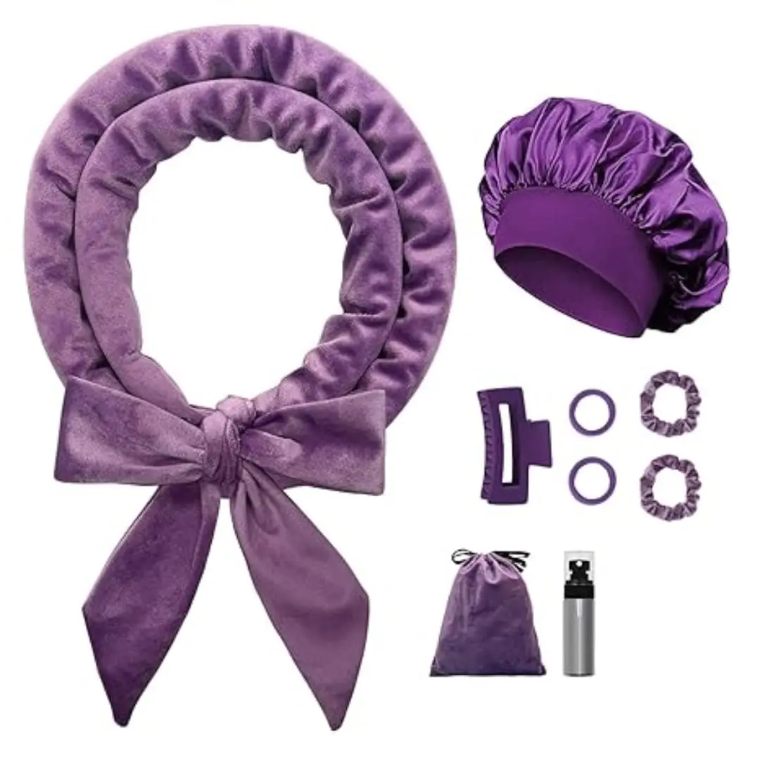 No Heat Hair Curlers Overnight Curls Headband - 70" Soft Ribbon Curl Wrap for Long Hair, 9 PCS Curling Rod Set with Bonnet