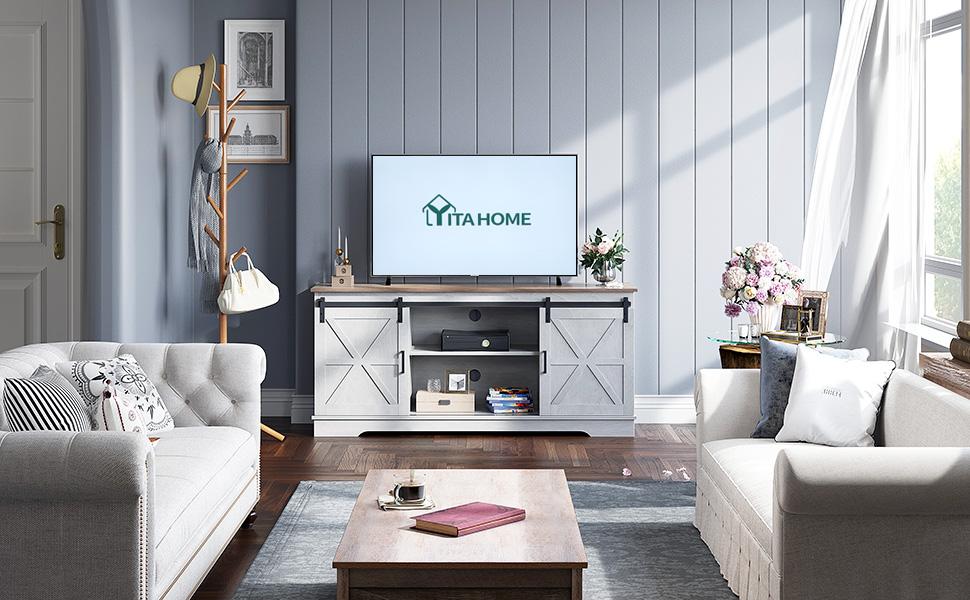 YITAHOME Farmhouse TV Stand for 65/60/55 Inch, Modern Entertainment Center with Sliding Barn Door, Wood TV Media Console Storage TV Cabinet for Living Room, 300lbs