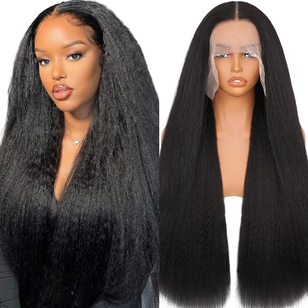 Lush Haute 13X6 Synthetic Lace Front Wig Kinky Straight Lace Front Wig Pre Plucked 180% Density Yaki Straight Lace Front Wigs For Black Women Heat Resistant Hair