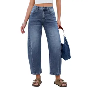GRAPENT Barrel Jeans for Women Cropped Trendy High Waisted Baggy Side Seamed Casual Stretchy Denim Pants Wide Leg Jeans