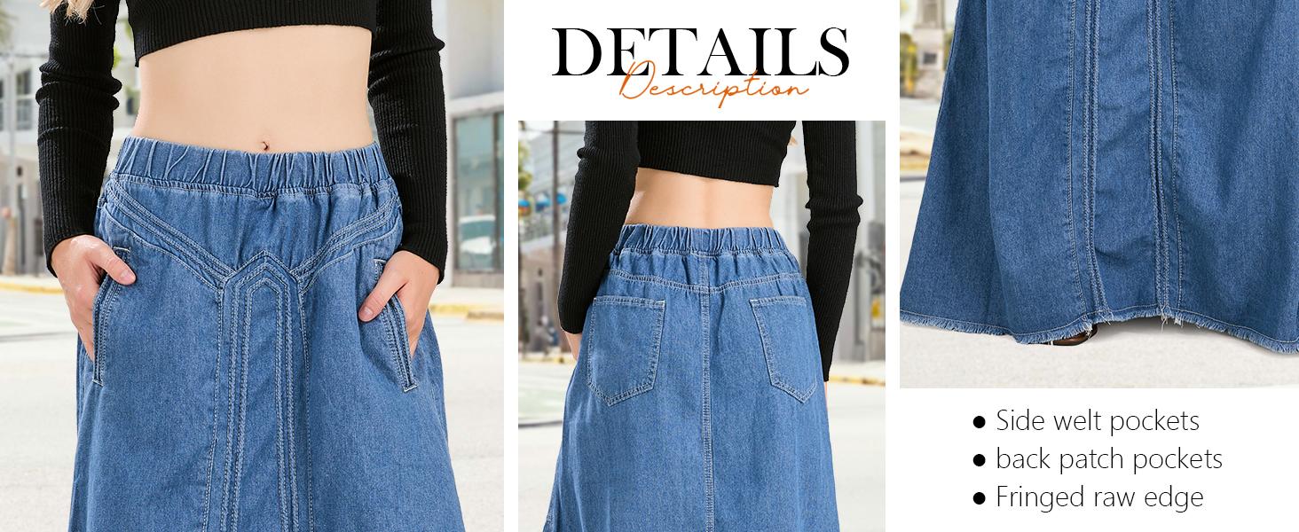 Ebossy Women's Denim Maxi Skirt with Pockets Elastic High Waist Frayed Hem A-Line Flowy Jean Skirt for Casual Wear