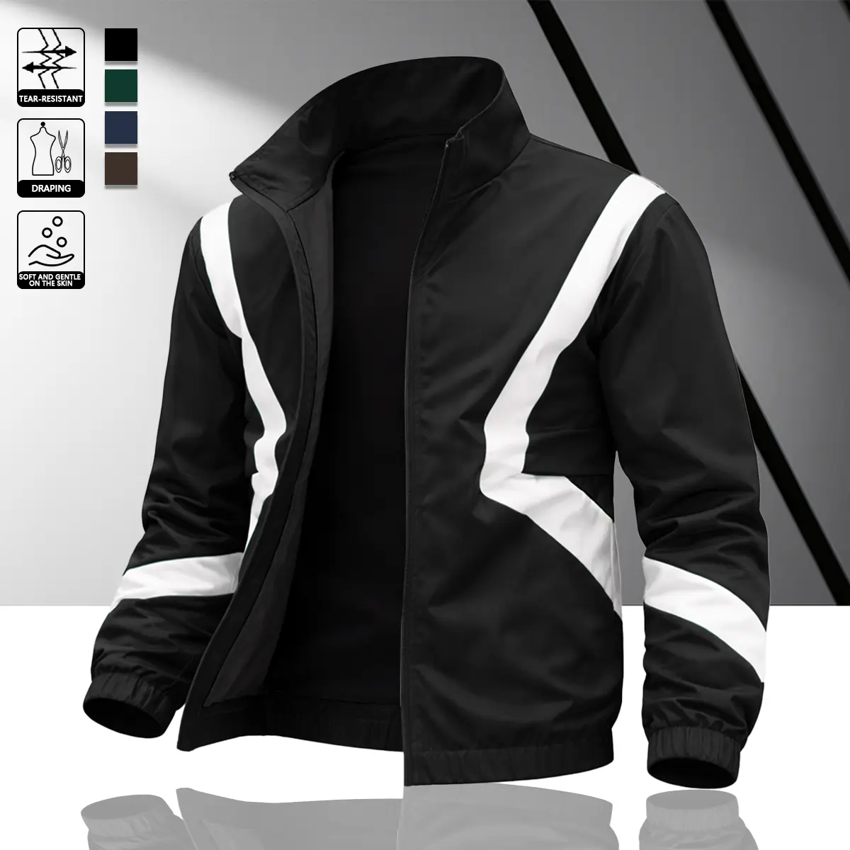 Men's stand-up collar jacket splicing design jacket, back printing design, comfortable and wear-resistant light and thin fabric, suitable for lightweight sports and leisure, outdoor hiking, comfortable and loose version design to wear, street fashion coat