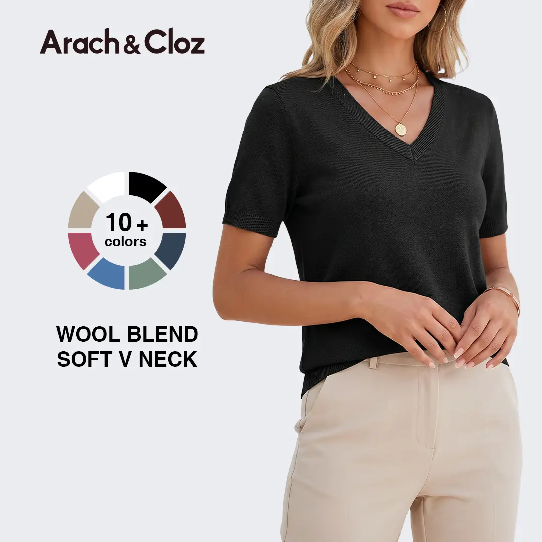 Arach&Cloz Women's V Neck Knit Sweater Top Soft Wool Blend Short Sleeve Dressy Casual SummerVibes 2026