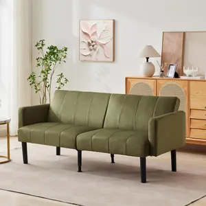 Green 75.5" Convertible Sofa Bed Vertical-Stripe Linen-Feel Fabric Sofa Features Sturdy Bed Legs Mid-Century Modern Folding Sofa Suitable for Living Rooms, Bedrooms, Dorms