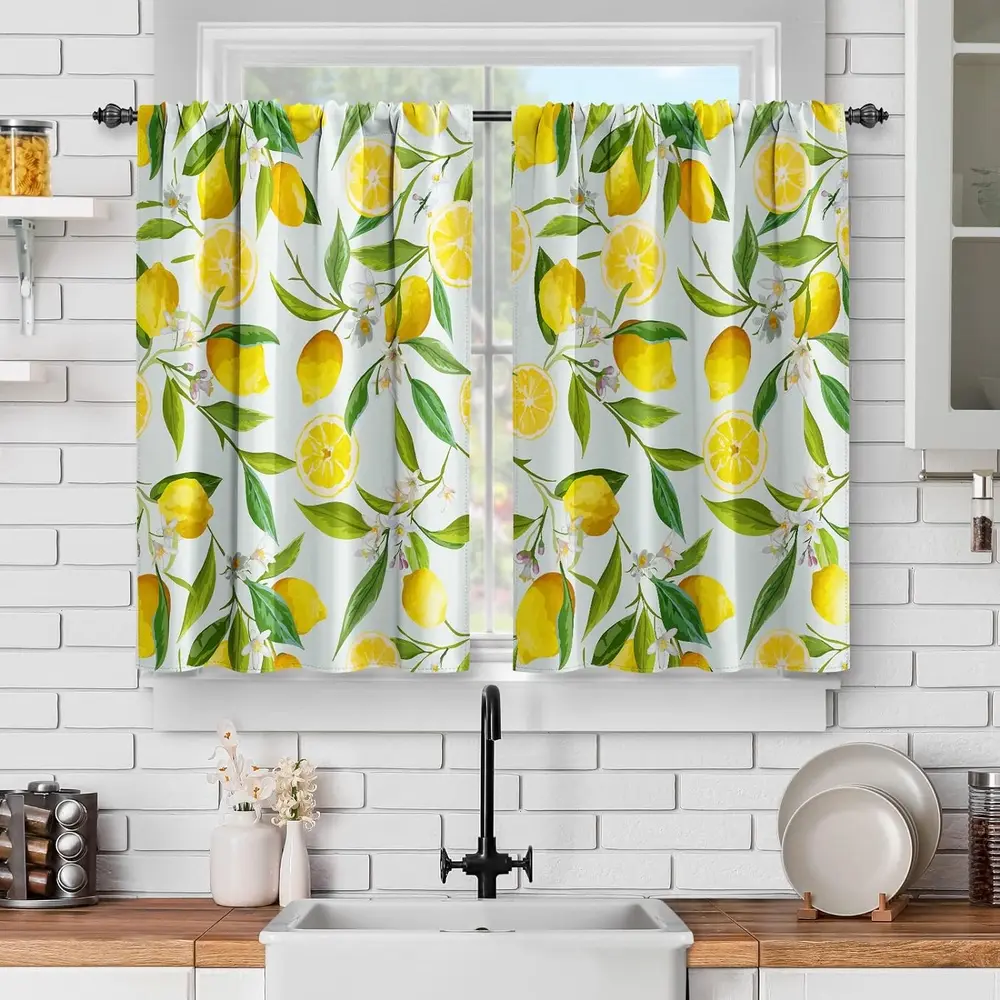 Lemon Kitchen Curtains Sets for Windows - Spring Fruit Leaves Yellow Bathroom Curtains Window Over Sink, Farmhouse Cafe Nature Plants Rod Pocket Half Window Drapes Decor,Summervibes