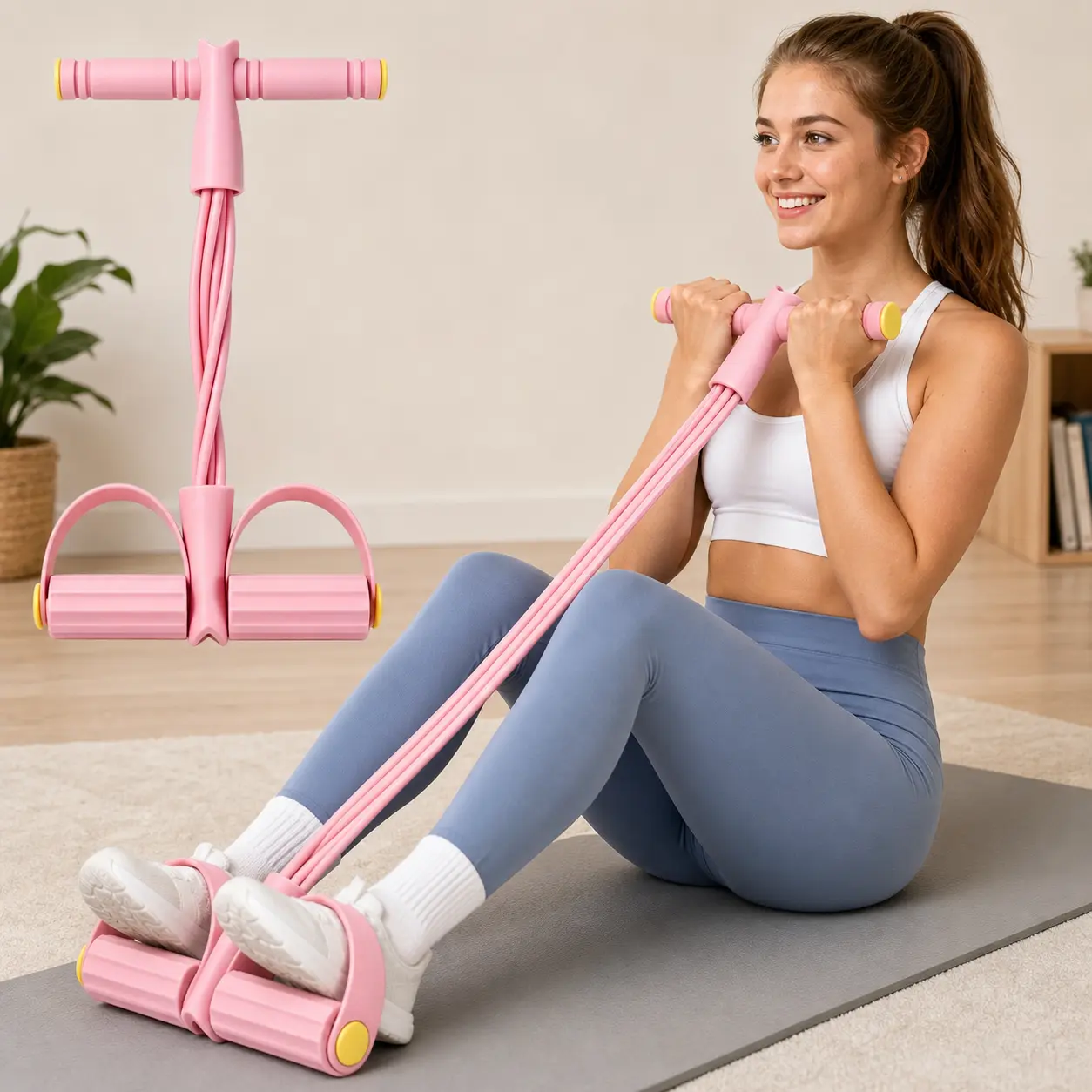 Pedal Resistance Band with Elastic Pull Rope, Non-Slip Rubber Pedals & Secure Grip, Portable Unisex Core Tone Exerciser for Pilates & Home Workout, Snap-Resistant At Home Gym Equipment