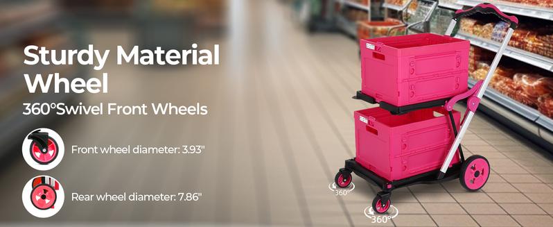 Foldable Shopping Cart with Wheels,With Storage Crates, Multi Use Two Tier Collapsible Cart with 360° Rolling Swivel Wheels Heavy Duty Folding Trolley for Shopping, Picnic and Office,Cosmetic Organizer,Grocery,Warehouse,Garden