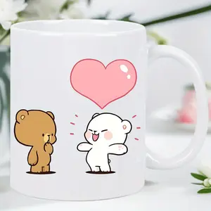 1pc, 11oz, Cute Cartoon Bear Coffee Mug with Pink Hearts - Adorable Brown & White Bear Design